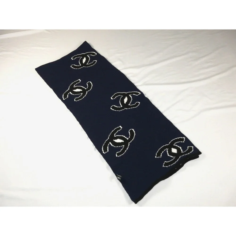Chanel Cashmere & Silk Logo Allover Scarf Shawl Stole Blue Black White 60